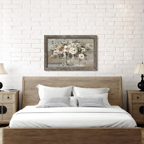 Rose Bouquet Framed Wall Art - Brown Rustic Flower Painting Abstract Floral in Vase Picture Botanical Prints Wooden Artwork for Bedroom Farmhouse
