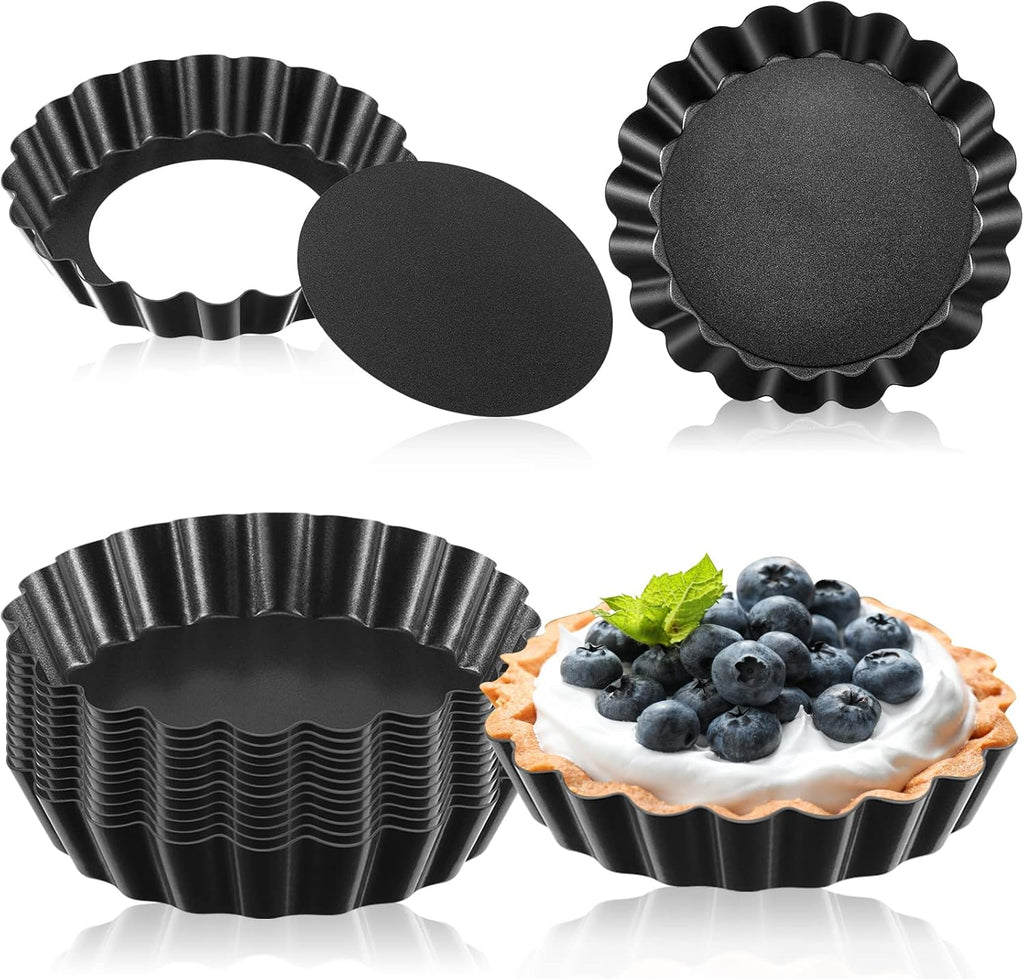 Tessco 16-Piece Mini Tart Pans - Nonstick Quiche & Pie Bakeware with Removable Bottom | 3-Inch Round, Black Gray