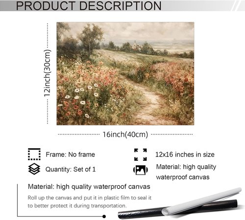Haitunone Landscape Wildflower Wall Art - Retro Botanical Floral Canvas Print | 12x16 Inch Unframed Decor