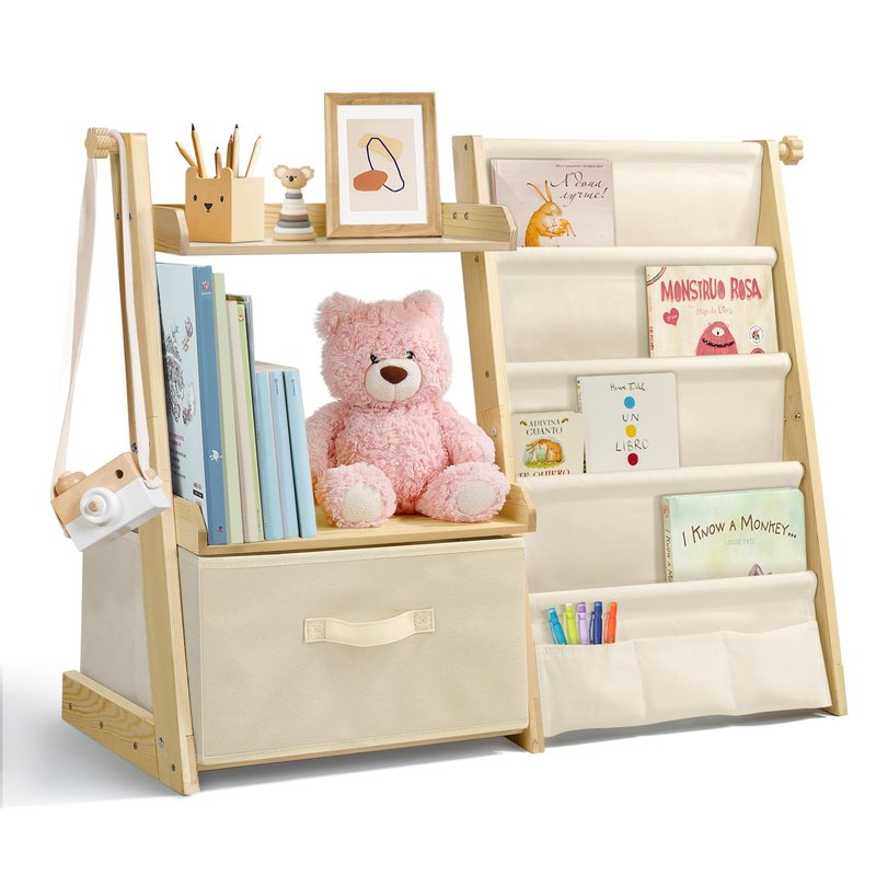 wooshwa Kids Bookshelf and Toy Organizer 2 in 1,Book Shelf for Kids Rooms with Movable Toy Bin,4 Tier Toddler Sling Book Rack for Nursery Bedroom Playroom (Jungle Animals)