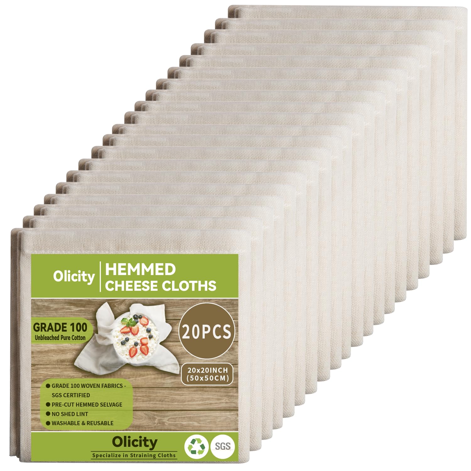 Olicity Cheesecloth Bulk, 20PCS, Grade 100, 20x20Inch Hemmed Cheese Cloths Fabric Reusable Fine Mesh Cloth, 100% Cotton Unbleached Precut Muslin Bulk Cheesecloth Roll for Straining, Cooking, Cheese