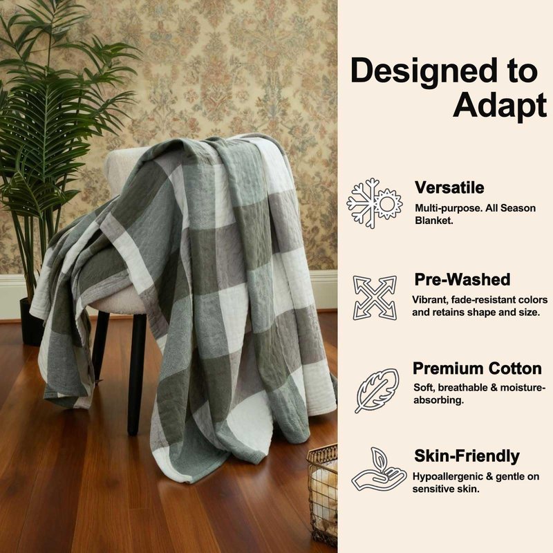 youlanhome Checkered Throw Blanket, Soft Cozy Reversible 4 Layer Pre-Washed Cotton Blankets Lightweight Breathable Queen Throw Blanket BOR All Season,Green Checkered, 60" X 80"