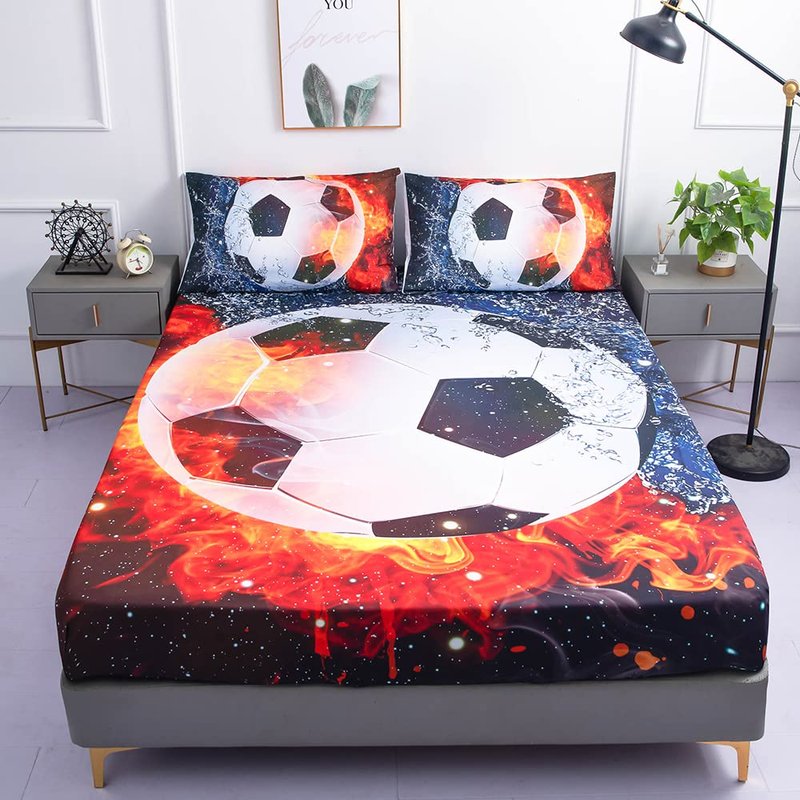 Roscloud Sports Soccer Ball Sheet Sets Twin Size - 2PC Ice Flame Galaxy Soccer Ball Boys Fitted Sheets（Fitted Sheet1 Pillowcases1）