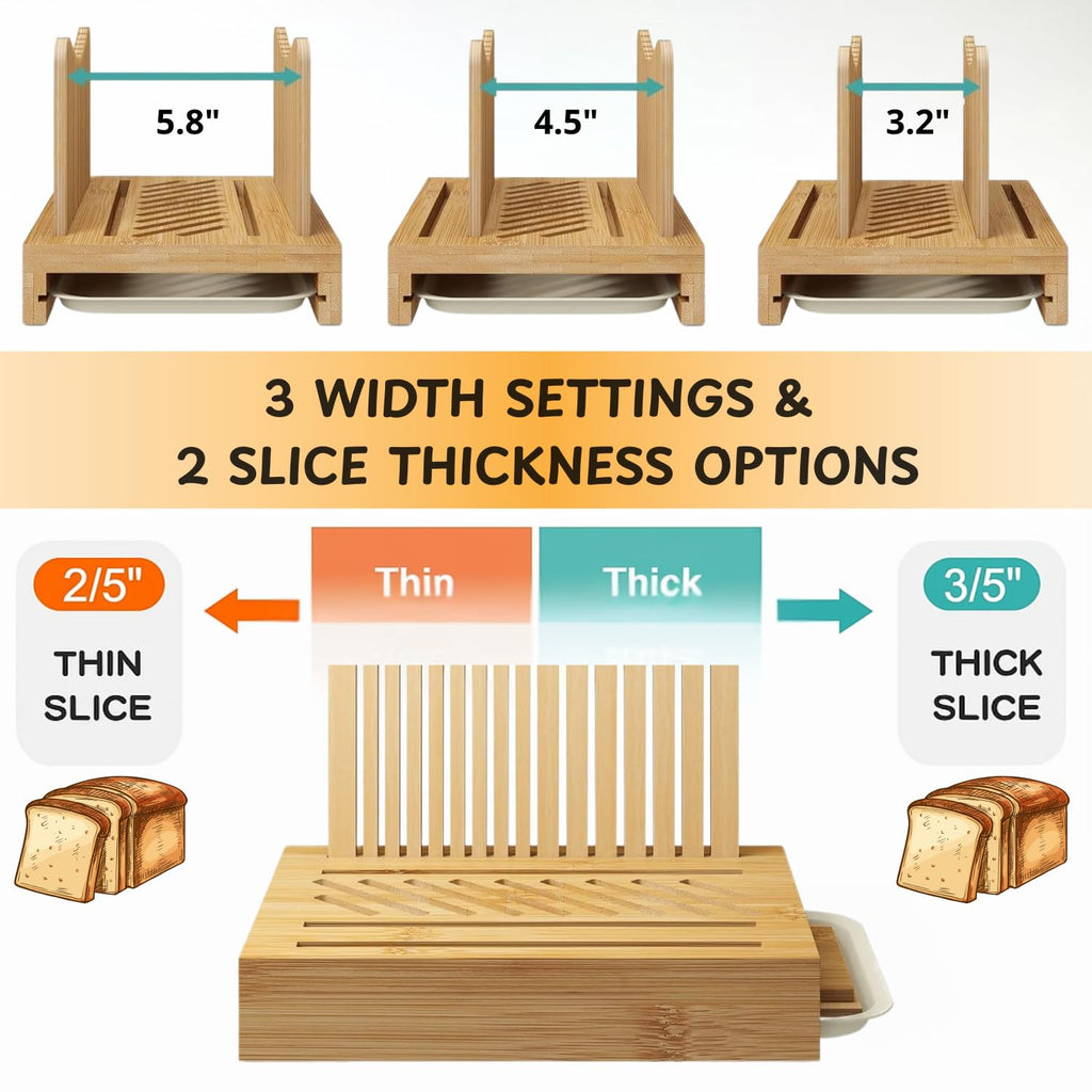 Bamboo Bread Slicer Guide Cutter For Slicing Homemade Bread, Bagels, Sourdough Loaves - Folable & Compact, Adjustable Width & Thickness, Crumb Tray, Kitchen Gadget & Gifts
