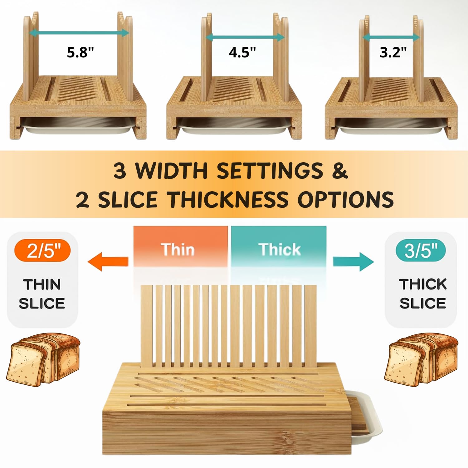 Bamboo Bread Slicer Guide Cutter For Slicing Homemade Bread, Bagels, Sourdough Loaves - Folable & Compact, Adjustable Width & Thickness, Crumb Tray, Kitchen Gadget & Gifts