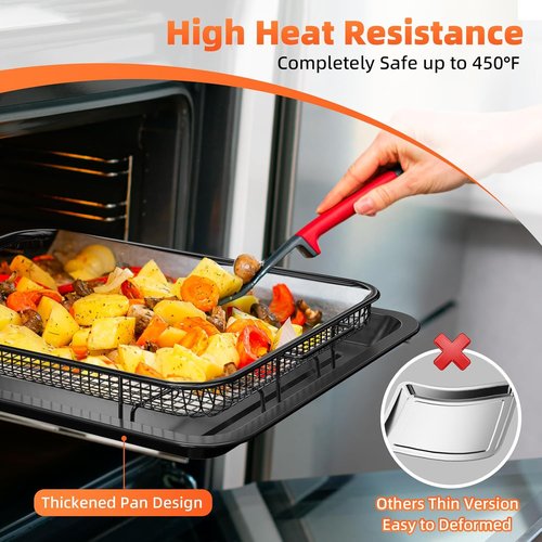DEGOVIN Air Fryer Pans - Non-Stick Stainless Steel Crisper Tray with Cooking Guide & 30 Parchment Papers | 15.8" × 11" - Black