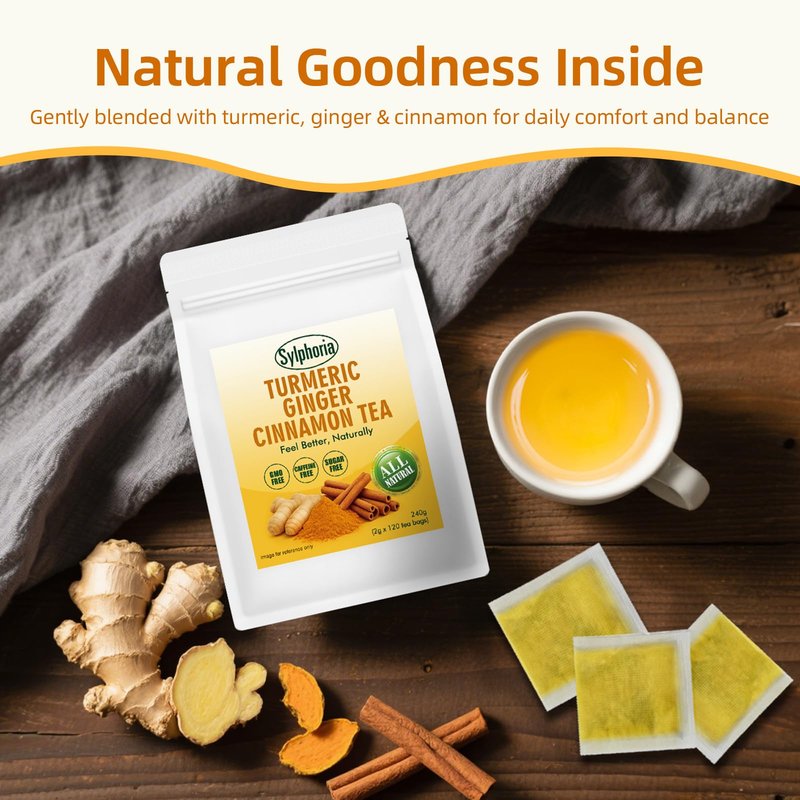120 Bags Premium Turmeric Ginger Cinnamon Tea Bags, Premium Natural Ingredients, Turmeric Ginger Herbal Blend with Cinnamon, No Sugar, Caffeine-Free，Turmeric Ginger Cinnamon Tea（1Pack/120Bags）