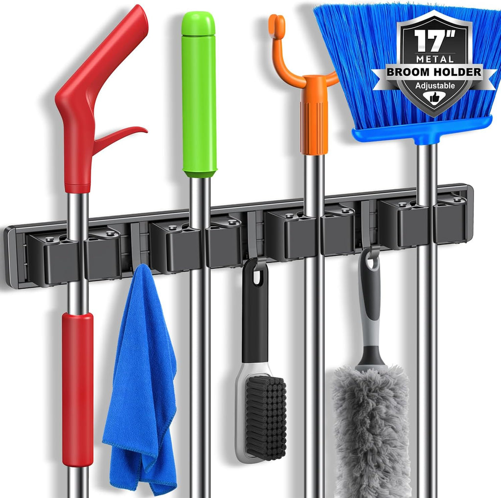 Organize with Skiennix Broom Holder Wall Mount - 4 Racks & 3 Hooks for Kitchen, Garden, Laundry | Grey