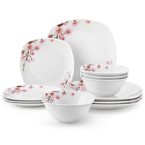 VEWEET Porcelain Dinnerware Set with Pink Floral, 12 PCS Including Dinner Plates, Dessert Plates and Cereal Bowls, Series Annie