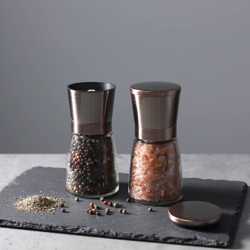 Vzaahu Salt and Pepper Copper Grinders, Set of 2 Refillable Bronze Brass, Seasalt Spice Peppermill with Magnetic Lids Adjustable Coarseness, Ceramic Core, Kitchen Gift