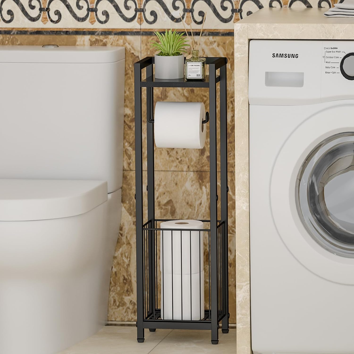 Skiennix Narrow Side Toilet Paper Holder - Freestanding Storage Rack for Small Spaces, Bathroom Tissue & More