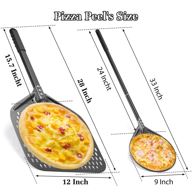 Newmeto 12 Inch + 9 Inch Perforated Pizza Peel Set, Pizza Turning Peel with Metal Handle, Pizza Spatula Paddle for Homemade Pizza Oven Accessories