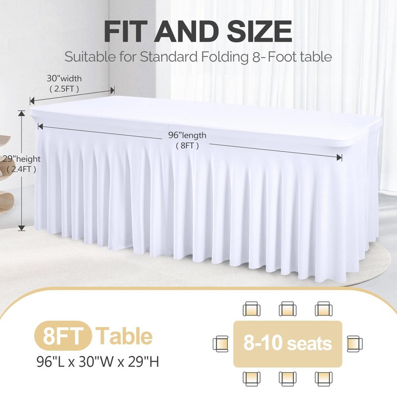 PARTISKY 4 Pack White Spandex Table Cloths for Rectangle Tables 8ft, White Table Skirt for Party, Table Cover with Skirt for Wedding Folding Table Banquet Baby Shower & Birthday Parties