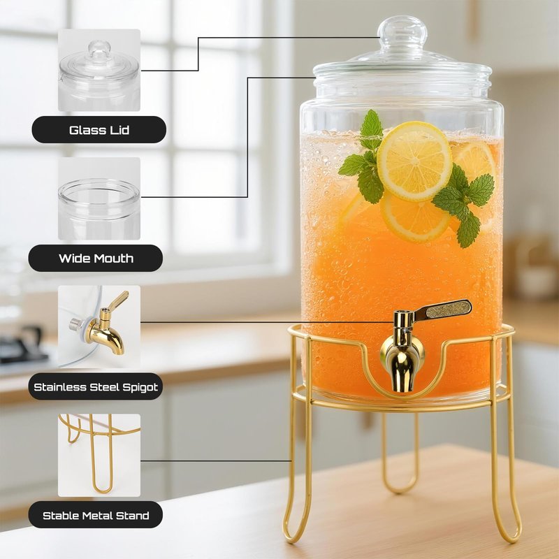 DHSBTLS 1 Gallon Glass Drink Dispensers, Round Beverage Dispenser for Party, BBQ and Picnic, Clear Airtight Juice Dispenser with Golden Stand, Stainless Steel Spigot, Markers and Chalkboard
