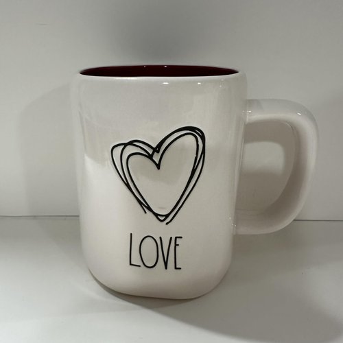 Rae Dunn SO IN LOVE Mug with RED HEART Topper - Ivory - Double sided - Valentine's Day - Dishwasher and Microwave safe
