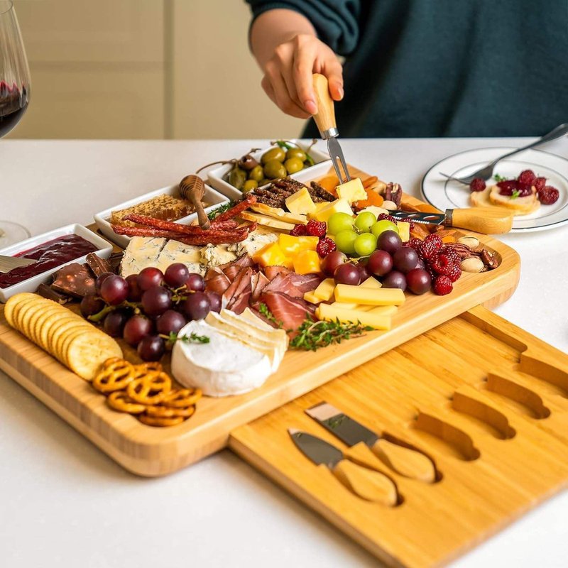 Charcuterie Boards，Cheese Board in cludes 6 Cheese Knives, 3 Seasoning Plates, with Platter and Drawer, Matching for Gatherings, Outing Door Use