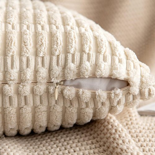 MIULEE Corduroy Decorative Throw Pillow Covers - Soft Boho Striped Design | 12x12 Inch Cream White Set of 2