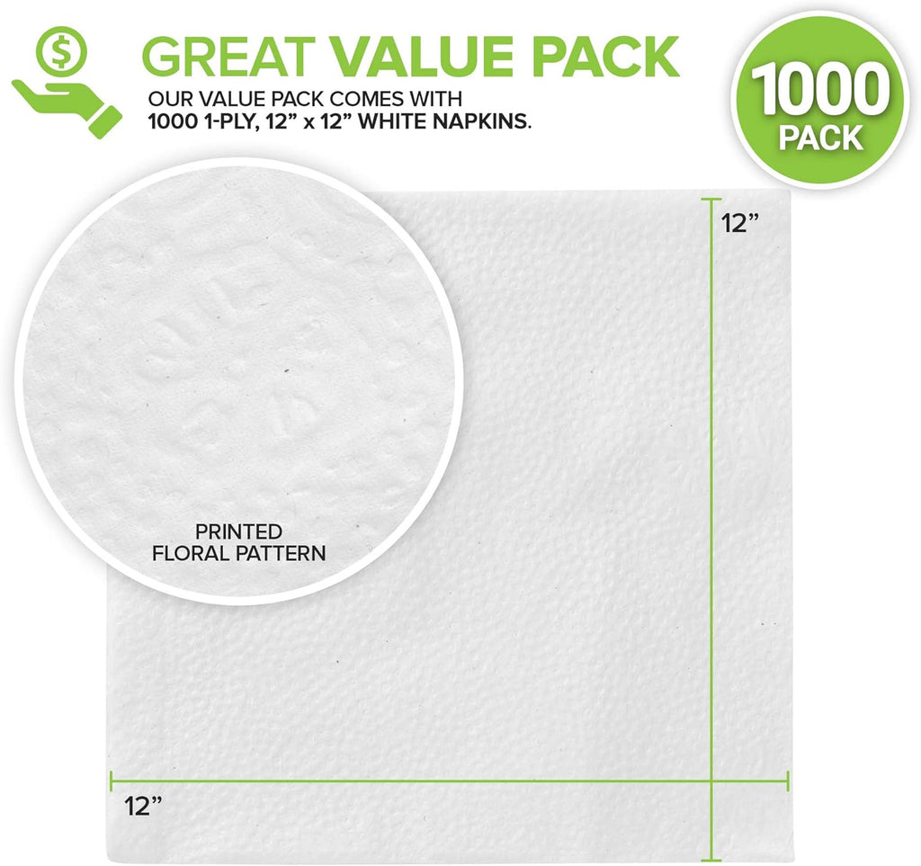 Stock Your Home 12-Inch Disposable Napkins - 1-Ply White Dinner Napkins for Parties & Daily Use | 1000 Pack