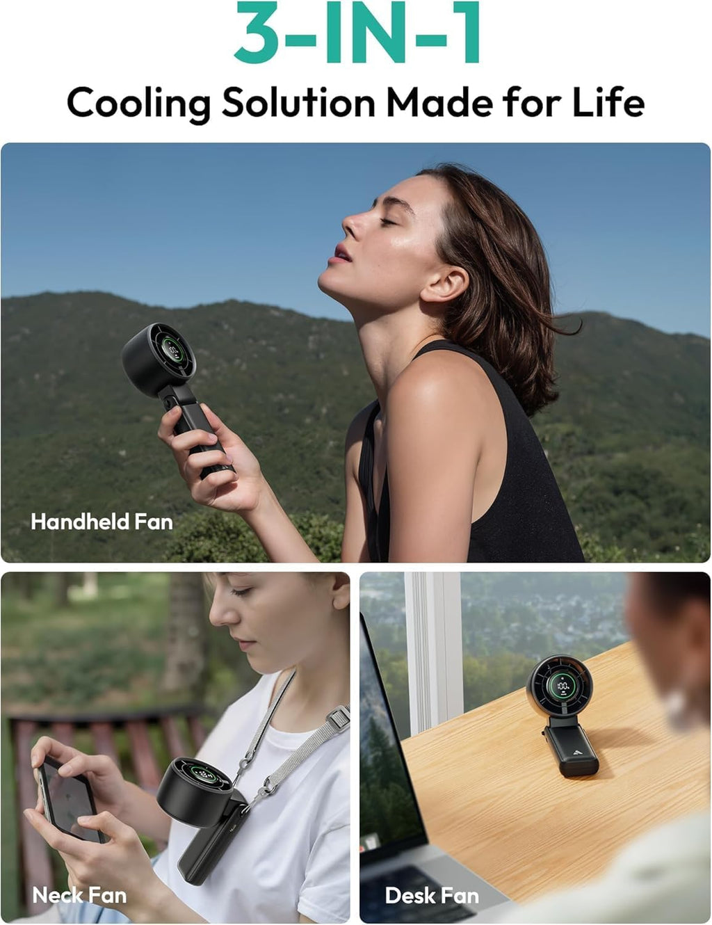 Aecooly Portable 3-in-1 Turbo Handheld Fan - USB Rechargeable Mini Personal Fan | 22H Max Cooling Time, Black