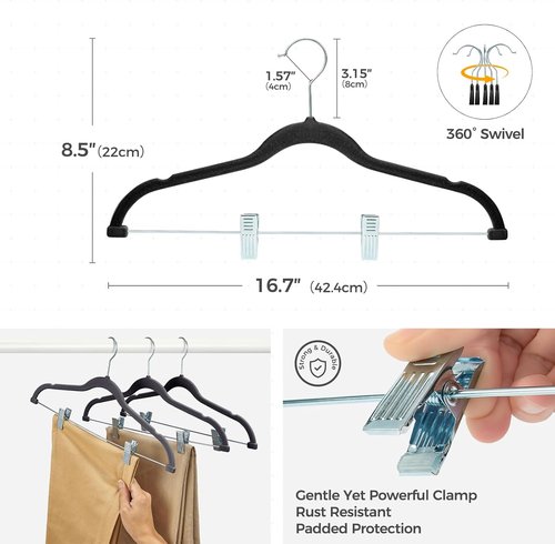 HOUSE DAY Velvet Hangers - Adjustable Clips & 360° Hook | Heavy Duty Non-Slip Suit Organizer (20 Pack, Black)
