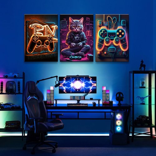 Eysintum Gaming Wall Art - Retro Video Game Controller & Cat Canvas Prints | 12x16in Set of 3 for Boys' Room