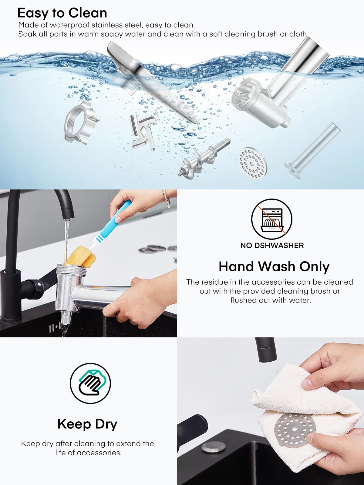 Meat Grinder Attachment for KitchenAid Stand Mixer, 15PCS Stainless Steel Meat Grinder Accessories for Kitchen Aid With 4 Grinding Plates, 2 Sausage Stuffer Tubes, 3 Grinding Blades, 1 Large Food Tray