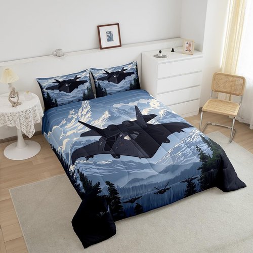 Manfei Modern Airplane Twin Size Comforter Set for All Seasons,Military Black Fighter Plane Aircraft Bedding Set Bedroom Decor,Snowy Mount Pines Trees Nature Paint Comforter Inner Fill with 1 Pillow