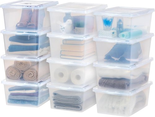 IRIS USA Storage Bins - 12-Pack Clear Stackable Containers with Lids, 17 Quart for Organizing Shoes & Classroom Supplies