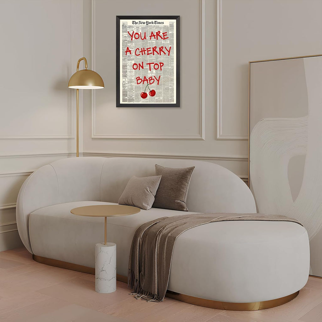 Skiennix Black And White Newspaper Canvas Wall Art - Inspiring "You Are A Cherry On Top" Quote | 8x10in Framed Decor