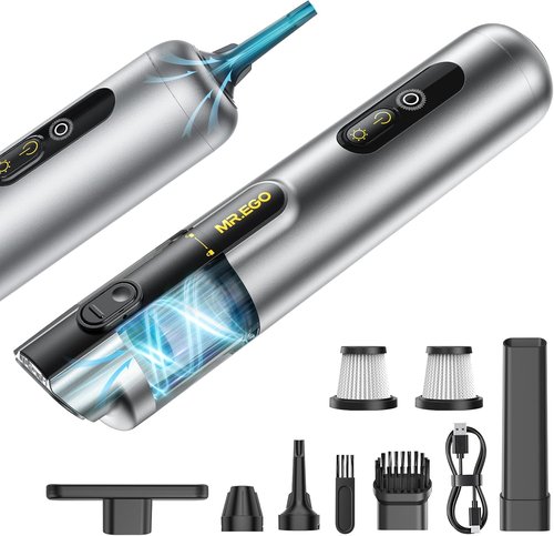 Mr. Ego Handheld Car Vacuum - Portable 4-in-1 Mini Vacuum with 18500Pa Suction & LED Light | Silver
