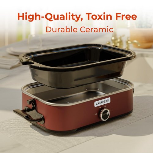 [NEW] MAGNIFIQUE 4-Quart Slow Cooker with Casserole Manual Warm Setting - Perfect Kitchen Small Appliance for Family Dinners, Dishwasher Safe Crock, Red