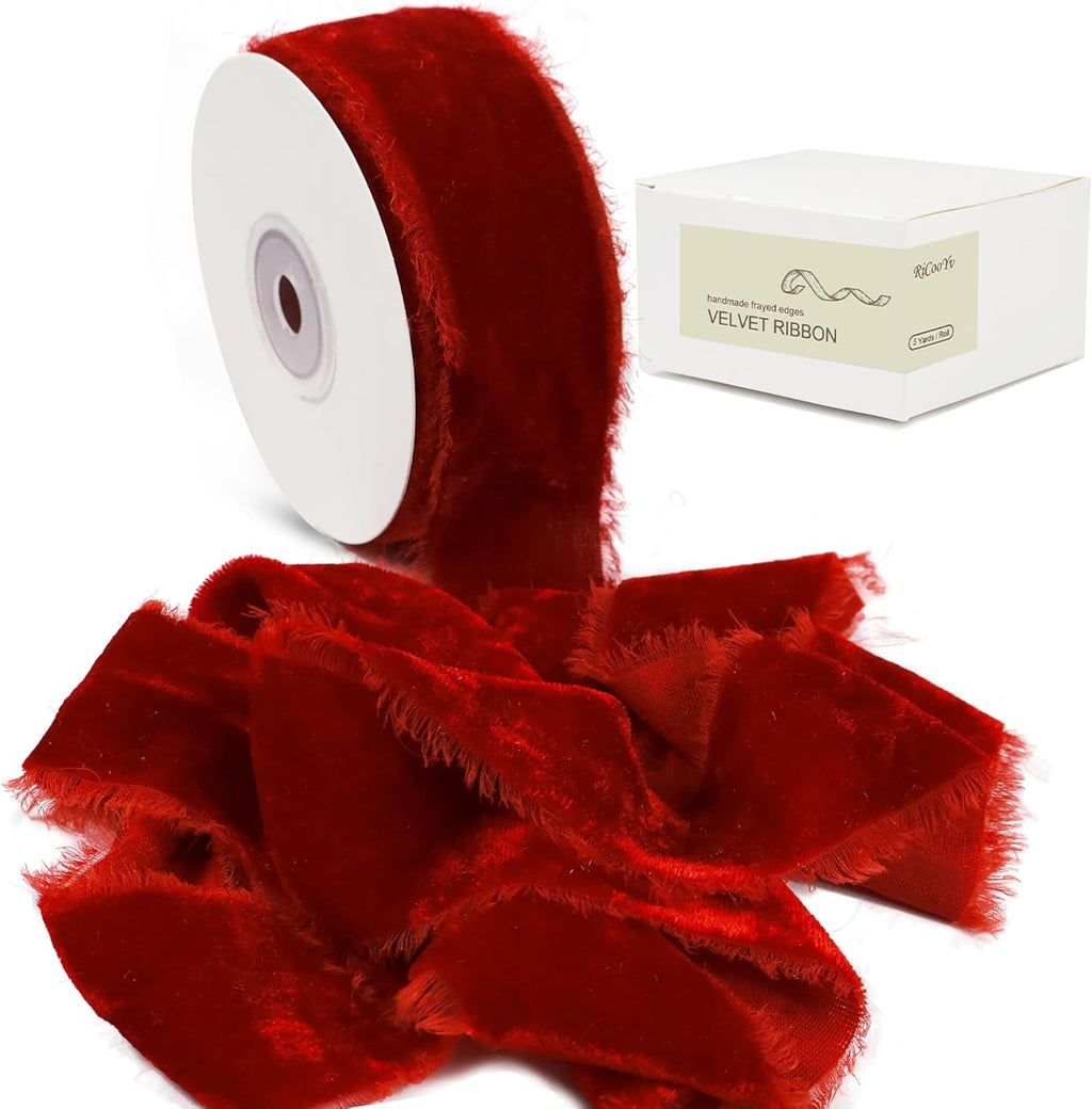 Red Velvet Ribbon - 1.5 Inch Handmade Silk Fabric for Gift Wrapping, Bouquets & Hair Bows | 5 Yards