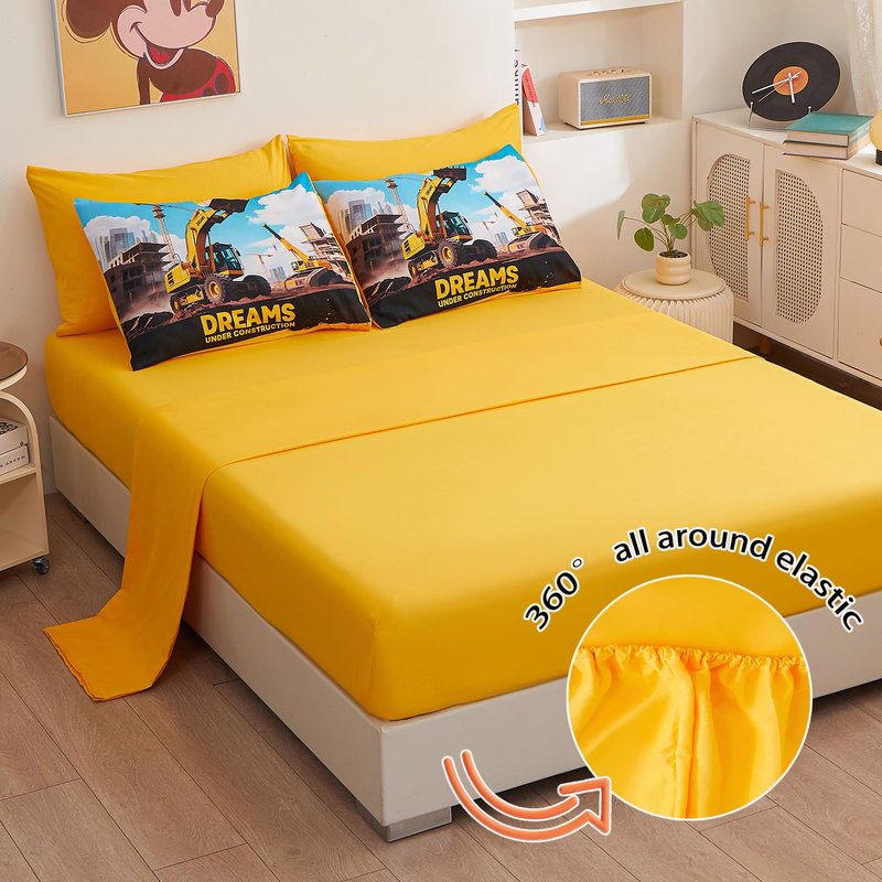 ZUEXVOFY Yellow Digger Twin Bedding Set for Boys – 5 Piece Comforter Bed Sheets Set, Kids’ Bedroom Decor, Teen Boy Room, Car and Excavator Theme, Kids’ Gift, Children’s Twin Bed in a Bag