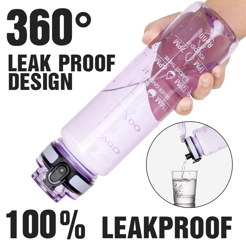 OLDLEY Water Bottle, 32oz Motivational Sports Water Bottle with Time Marker - Times to Drink - Tritan, BPA Free, Wide Mouth Leakproof,Anniversary Birthday Gifts for Men Women, Amethyst (1 Bottle)