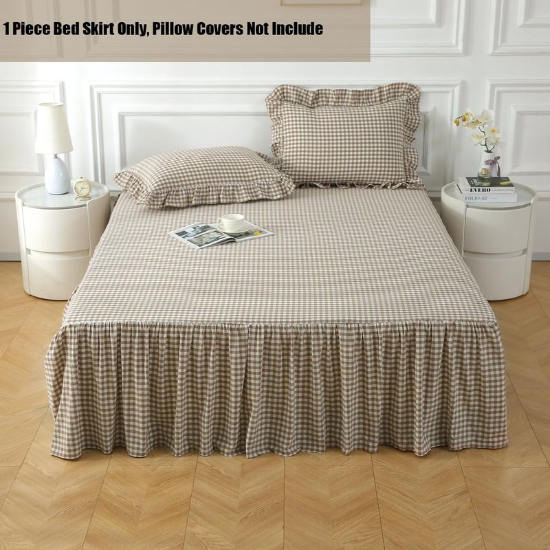 Silnuo Taupe/White Plaid Bed Skirt Washed Cotton Shabby Gingham Checkered Dust Ruffle King Size 18" Bedding(1 Bed Skirt Only)