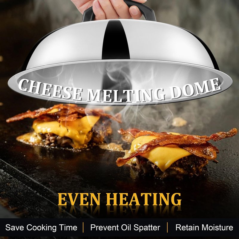 11.5 in Cheese Melting Dome Set of 2, Joyfair Basting Cover for Griddle, Stainless Steel Melt Lid with Heat-Proof Handle, Heavy Duty Griddle Accessories for Outdoor Flat top Grilling, Dishwasher Safe