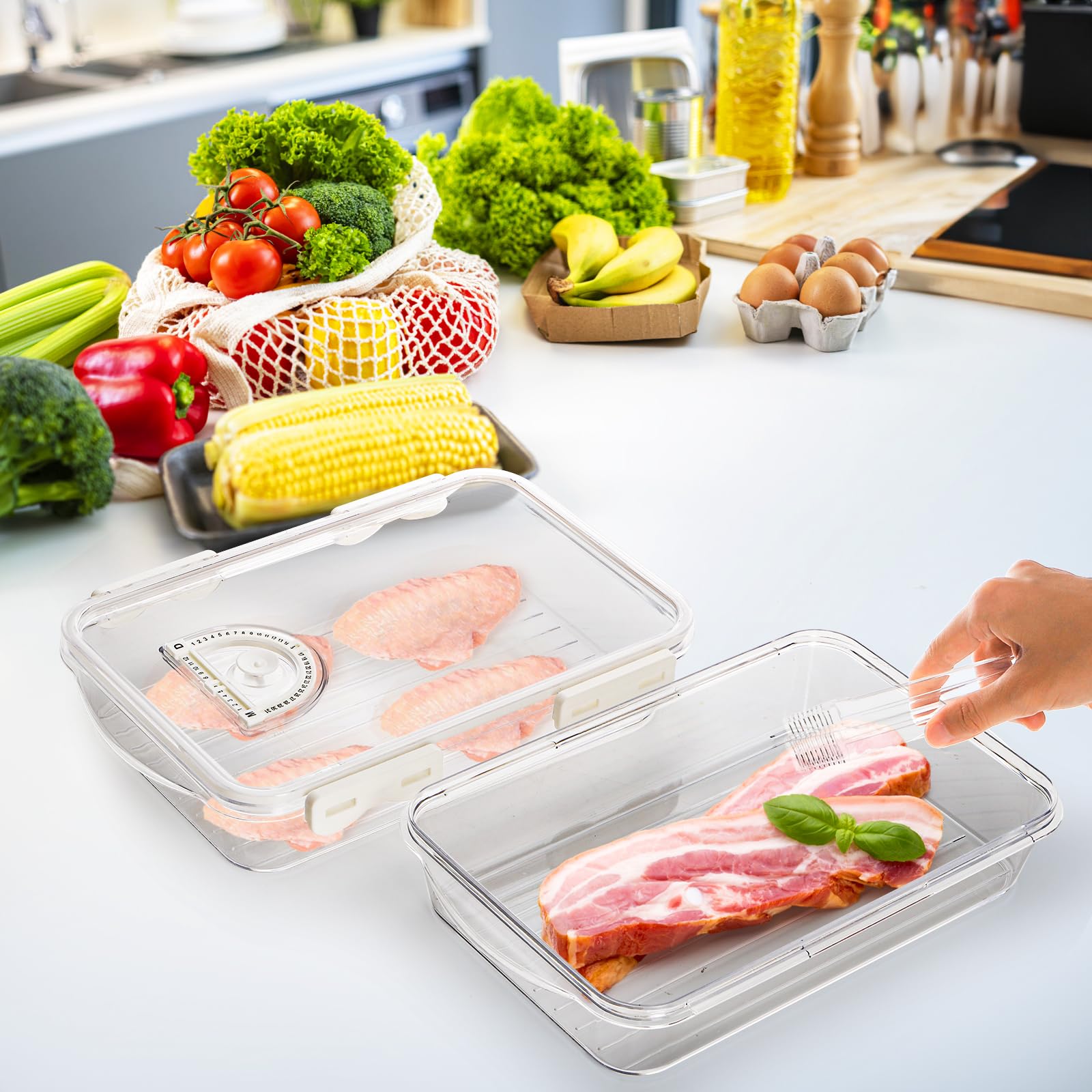 Okllen 2 Pack Bacon Container for Refrigerator, Plastic Cheese & Deli Meat Container with Air-sealed Tight Lids for Fridge, Bacon Keeper with Food Serving Tongs Cold Cuts Food Storage Organizer
