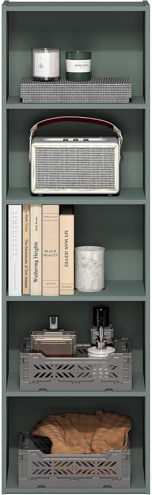 Furinno LUDER 5-Tier Bookshelf - Stylish Open Shelves | Easy Assembly, Sage Green, 9.4 x 15.8 x 52