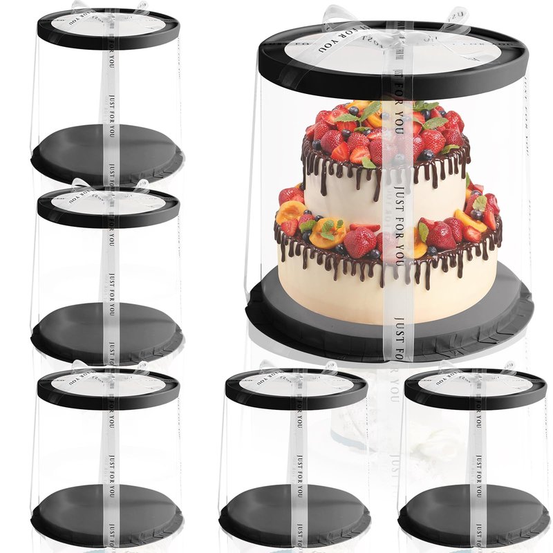 JCD Black Multi-Layer 10 * 10 Inch Round Clear Cake Boxs with Ribbon,6 Pack Tall Transparent Packaging Cake Containers PET Cake Carrier Box for Birthday (Black, Round 10inch/6pcs)