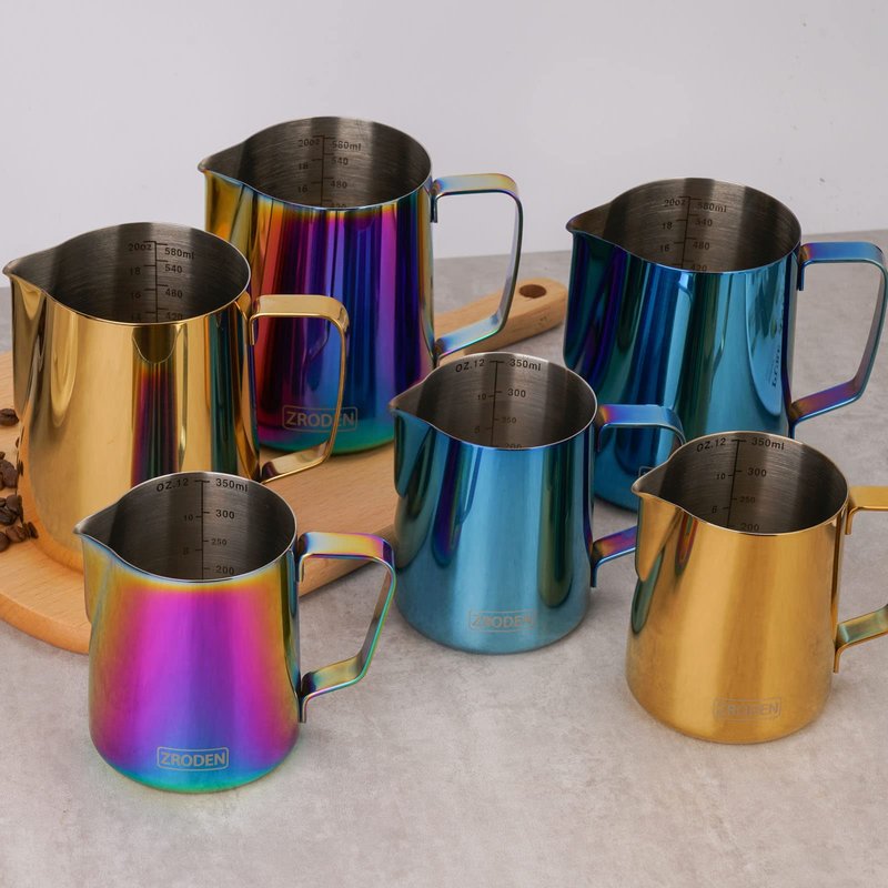 Milk Frothing Pitcher, 20oz Espresso Steaming Pitchers Stainless Steel Cappuccino Coffee Machine Accessories Barista Tools Steam Froth Pitchers Milk Jug Cup with Decorating Pen Latte Art, Blue