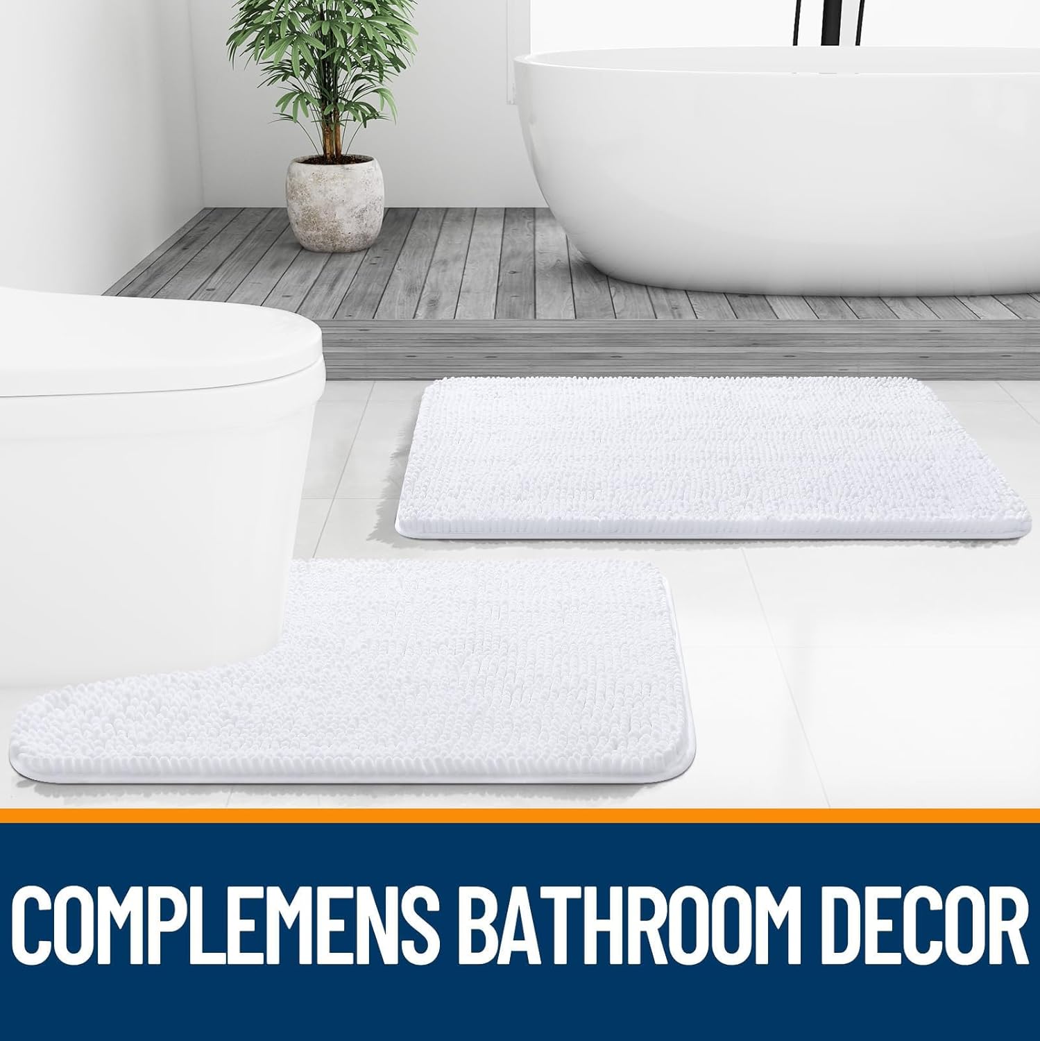 OLANLY U-Shaped Toilet Rugs - Extra Soft, Absorbent Chenille Bath Mat | 24x24, Quick-Dry, Non-Slip, White