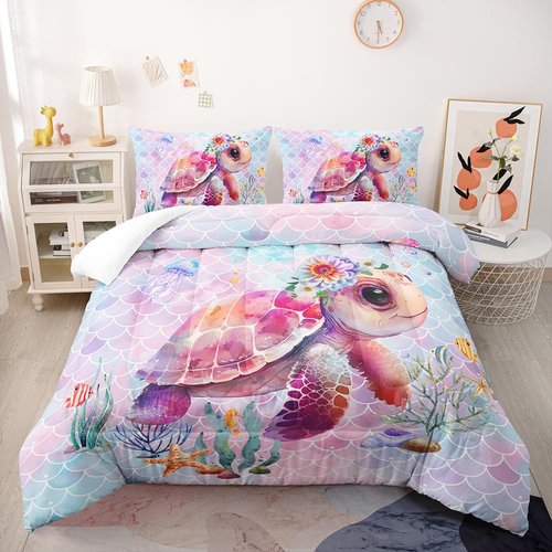 Cute Floral Sea Turtle Comforter Set for Girls Kids Teens, Queen Size Ocean Tortoise with Flower Bedding Quilt with 2 Under Sea Life Pattern Pillowcases- 90" x 90" (Queen, 03)