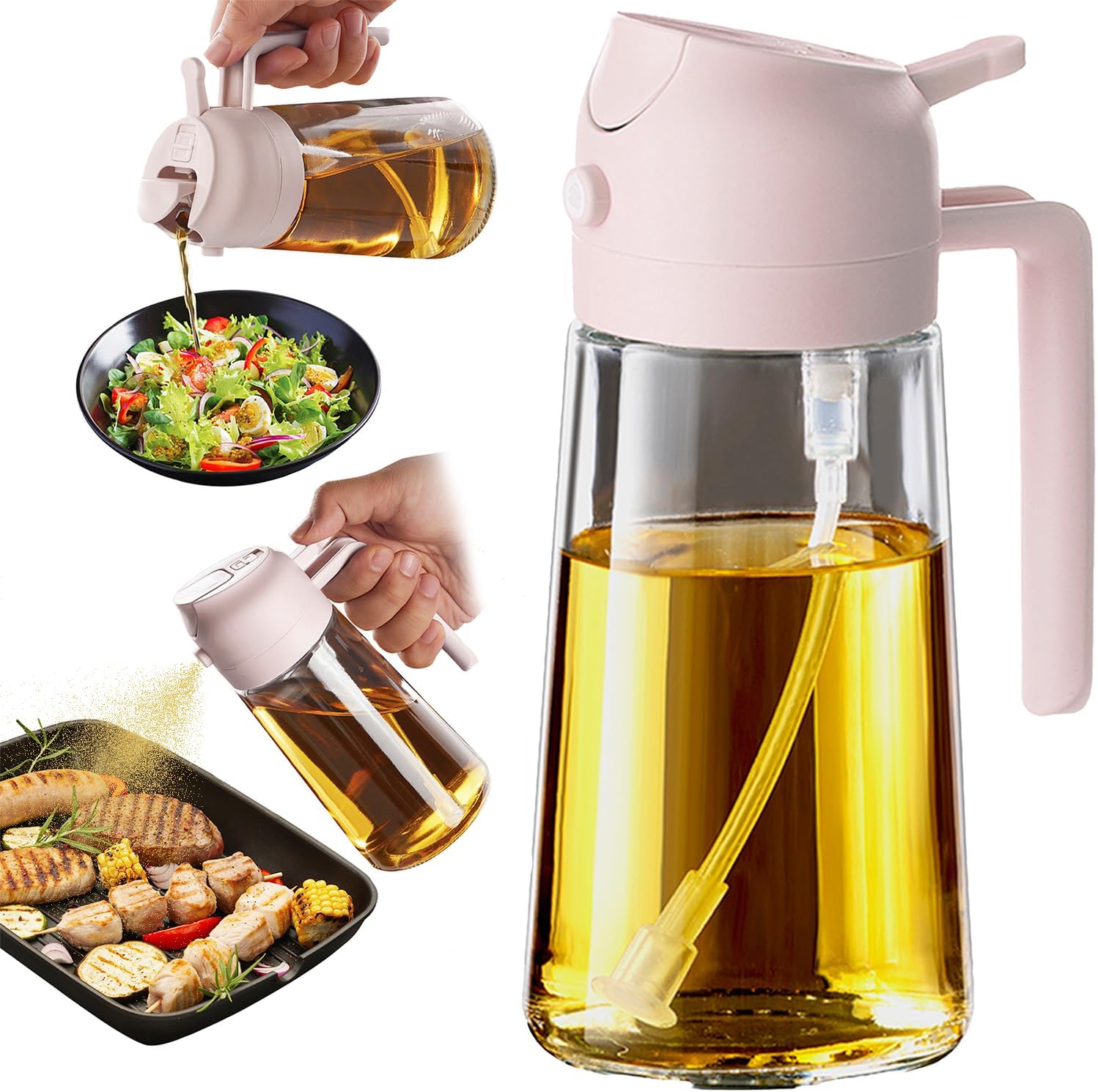 TrendPlain 16oz Glass Olive Oil Sprayer - 2-in-1 Dispenser for Cooking, Air Fryer, Salad & BBQ - Peach