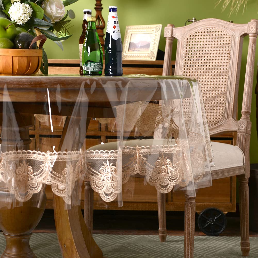 ARTABLE Vinyl PVC Rectangle Tablecloth Waterproof Clear Table Cover with Champagne Lace Macrame Border for Wedding Kitchen Home Outdoor Indoor Holidays Party Decor (Champagne, 70'' (Round))