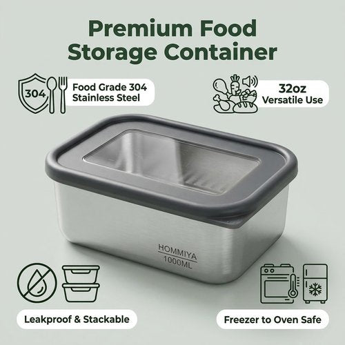 Hommiya Stainless Steel Food Storage Containers with Leak-Proof Silicone Lid, Set of 3(32oz), Reusable Bento Lunch box for Snacks & Meal Prep, Oven/Dishwsher/Freezer Safe
