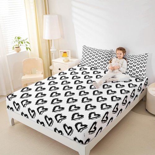 jejeloiu Heart Love Queen Size Bed Sheets Set Boys GirlsLove Pattern Sheet Set for Kids Ultra Soft Modern Sheets with Deep Pocket Fitted Sheet Black White Bedding Set Room Decor