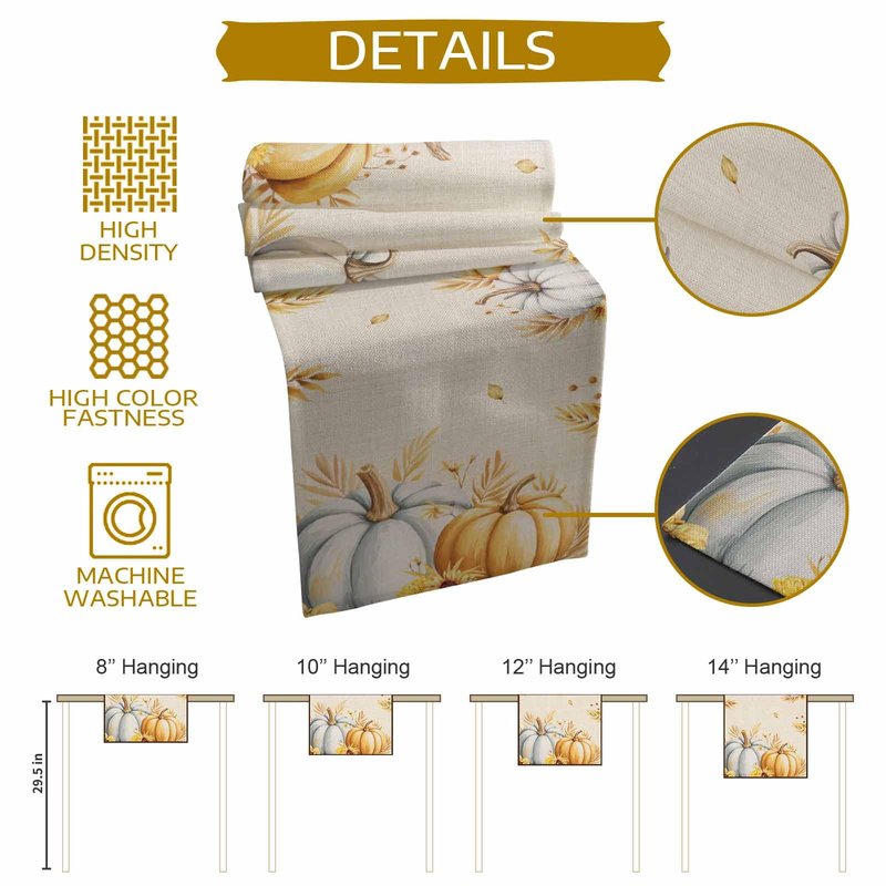Fall Pumpkins Table Runner - 90 Inch Long, Grey Golden-yellow Pumpkin Thanksgiving Dining Table Runner Dresser Scarves, Maple Leaf Farm Harvest Decor for Coffee Table Wedding Party Banquet, 13x90 in