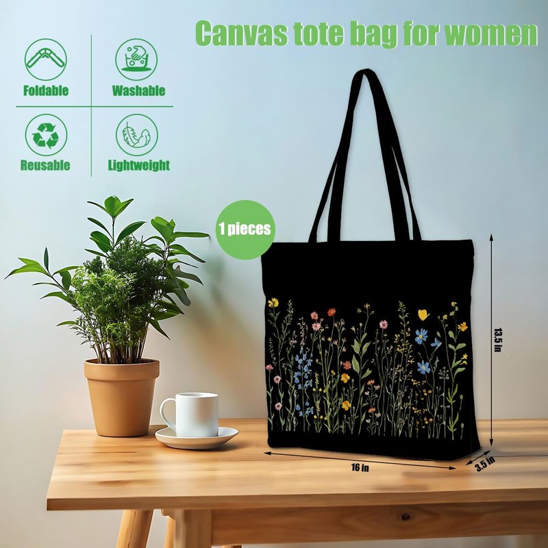 Wildflower Canvas Tote Bag Aesthetic Canvas Bag with Pocket for Shopping Work Gym Botanical Large Reusable Grocery Bags Gifts for Women Bridesmaid Flower Appreciation Birthday Friendship Christmas