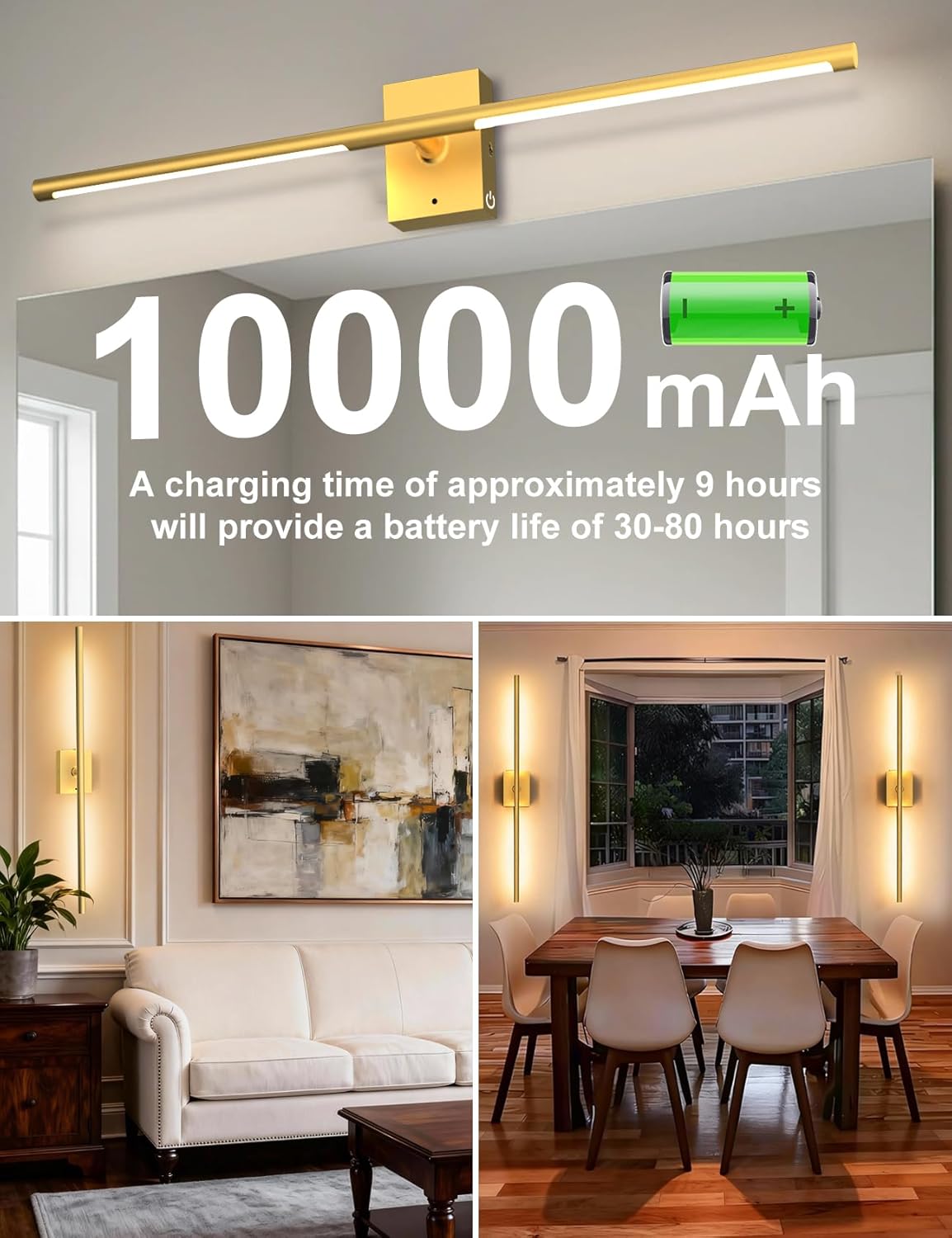 Skiennix Battery Operated Wall Sconces - 10000mAh Rechargeable LED Lights with Remote | 360° Rotation, 3000K-6000K