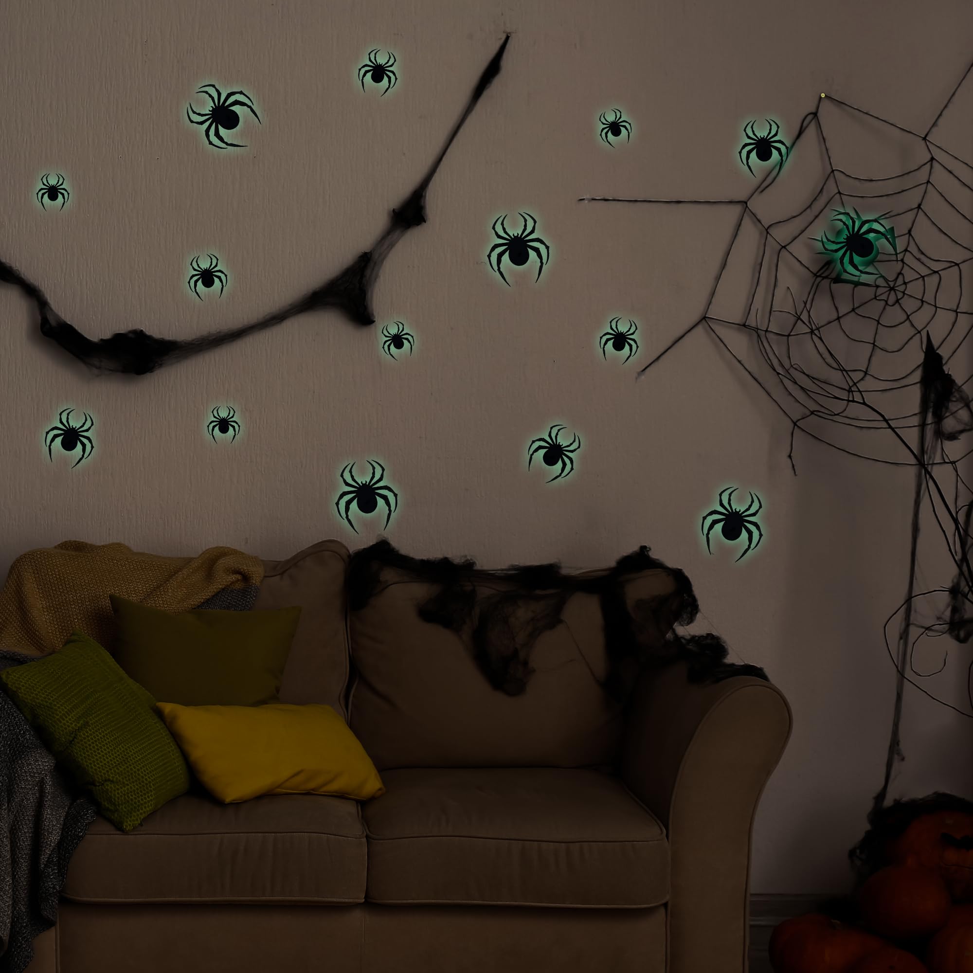 Dazzle Bright 36 Pcs LED Halloween 3D Spider Decorations Wall Stickers, 4 Different Size Removable PVC Wall Sticker for Indoor Home Window Decor Party Supplies